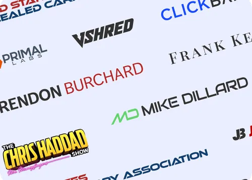 A collection of various brand logos and names in different fonts and colors scattered across a light background. Visible names include "VSHRED", "PRIMAL LABS", "BRENDON BURCHARD", "FRANK KERN", "MIKE DILLARD", "THE CHRIS HADDAD SHOW", and "CLICKBANK" among others.